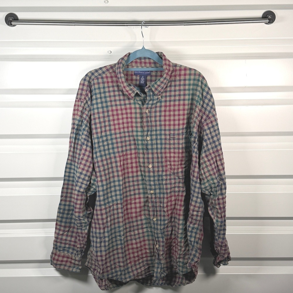 Northern‎ Isles Plaid Button Down Shirt Womens XL Long Sleeve Cotton Burgundy